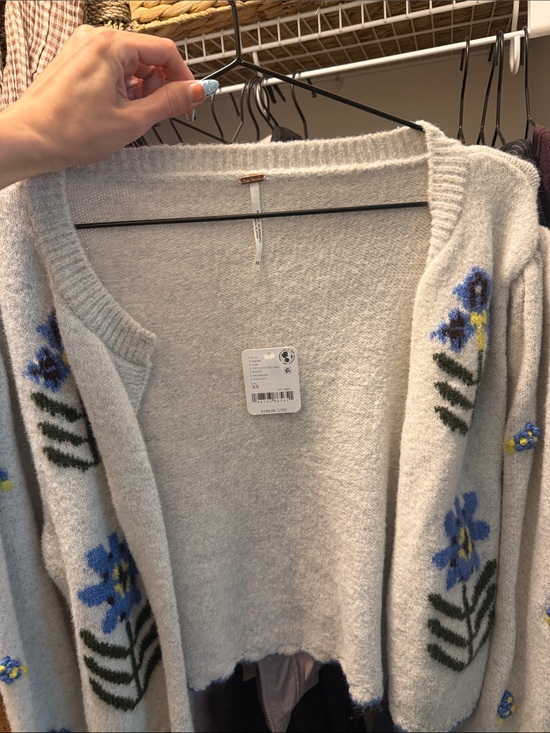 Free People Sweaters - Cozy Light Gray Floral Cardigan Sweater